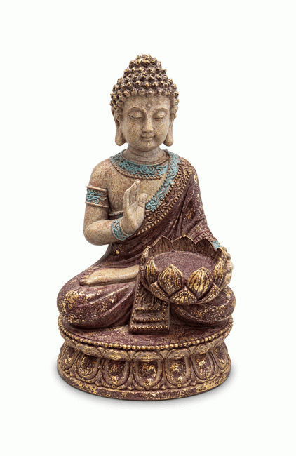Statue Bouddha Abhaya au Lotus Mauve et Dorée en Résine 25 cm chez Arabesk
