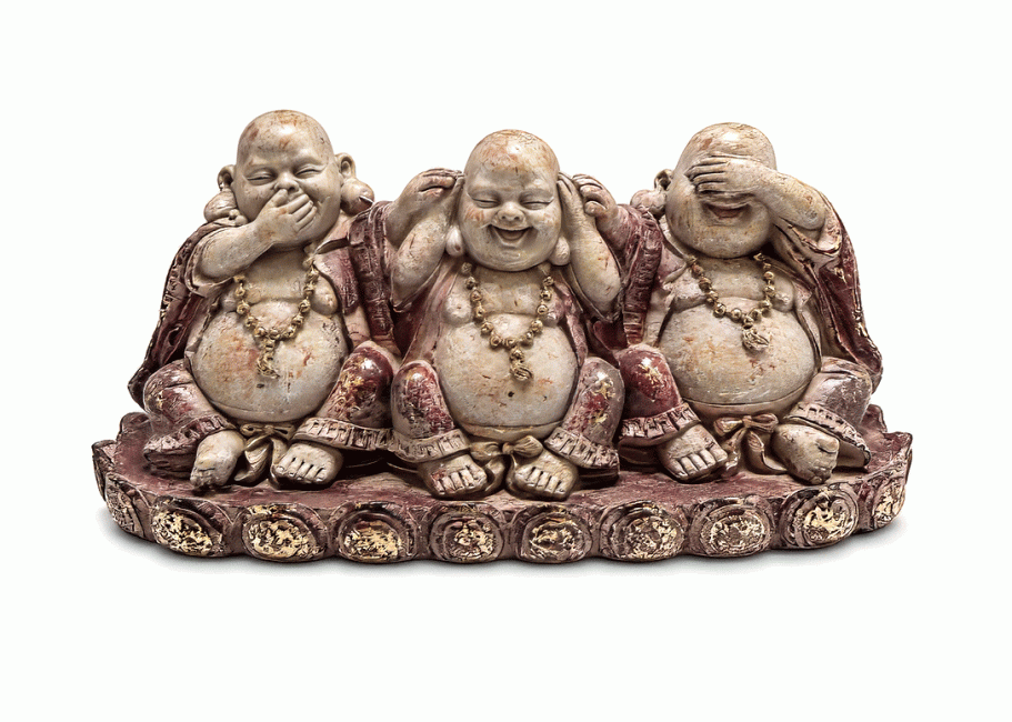 Statue 3 Bouddhas Rieurs de la Sagesse Mauve et Dorée en Résine 9 cm chez Arabesk