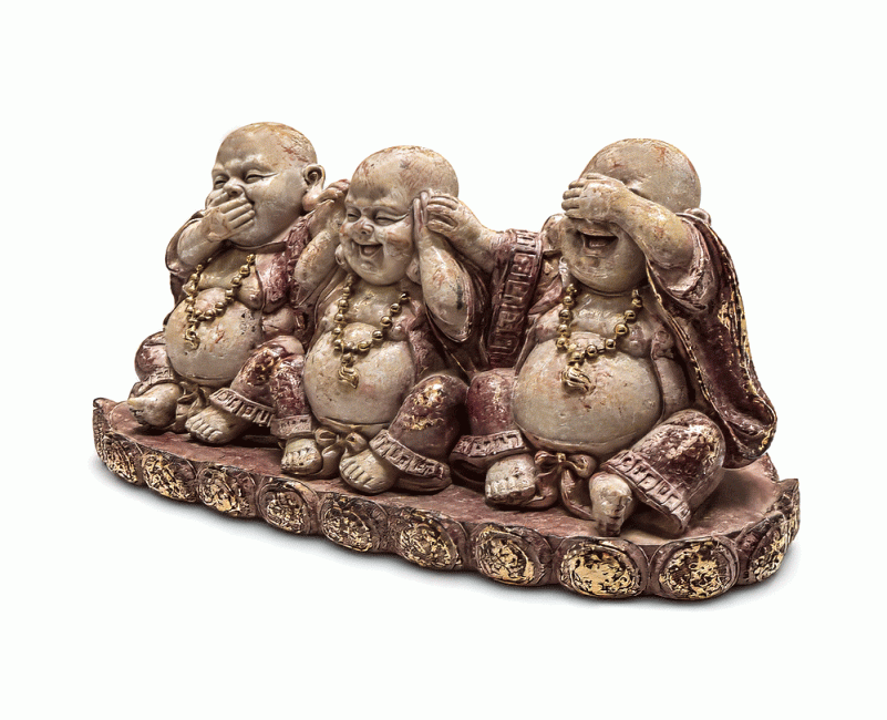Statue 3 Bouddhas Rieurs de la Sagesse Mauve et Dorée en Résine 9 cm chez Arabesk|cz