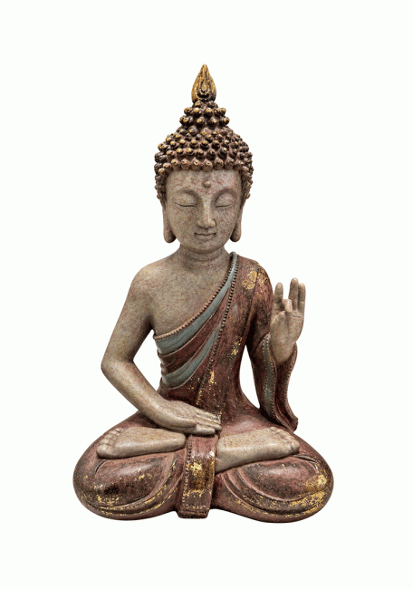 Statue Bouddha Vitarka Mauve Patinée en Résine 31 cm chez Arabesk