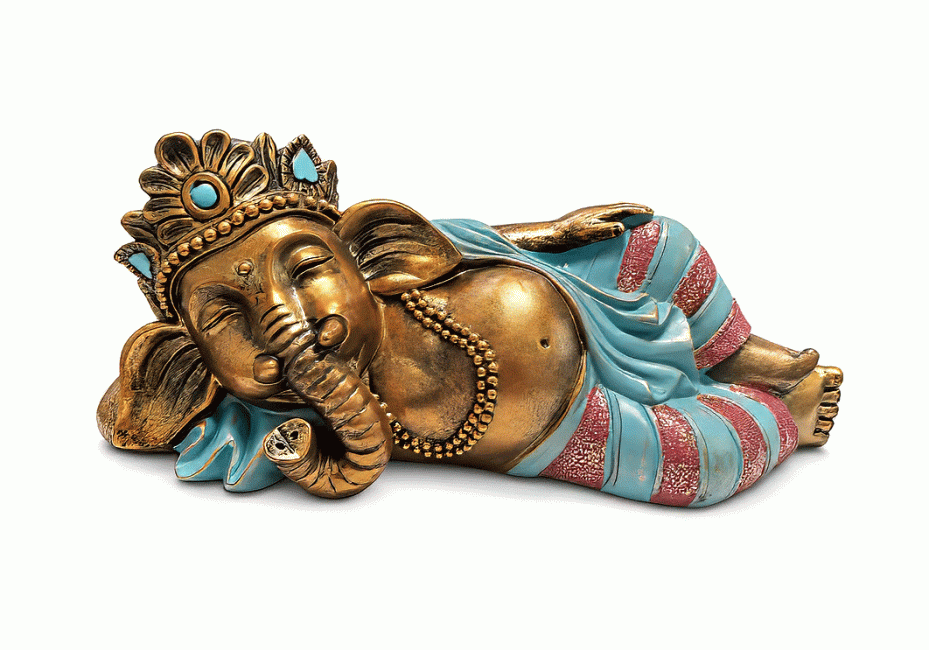 Statue Ganesh Couché Bleu Turquoise et Doré en Résine 31 cm chez Arabesk