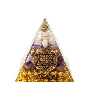 Orgonitová Pyramida Křišťál & Ametyst Květina Života Pentagram