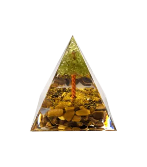 Orgonitová pyramida Tygří oko & Peridot Strom života