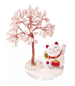Strom života z růžového křemene s Manekineko
