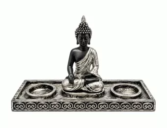 Svícen Meditující Buddha, stříbrný a černý, z pryskyřice, 22 cm