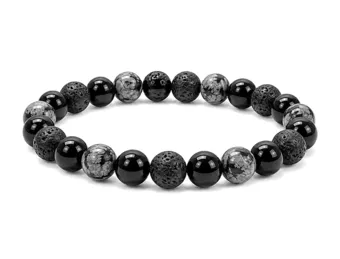 Náramek Obsidián Vločka, Lávový kámen & Černý Onyx A s korálky 8mm