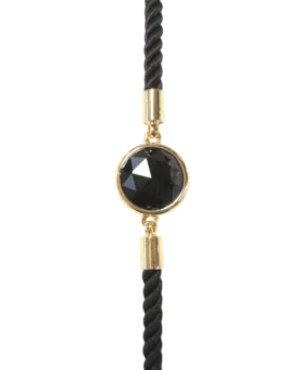 Náramek na šňůrce z mosazi s černým obsidiánem, kulatý, broušený 12mm