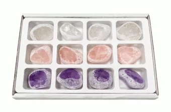 Prodejní Stojan s 12 Kameny Emma Egg ze Surového a Leštěného Křemene 2-3 cm