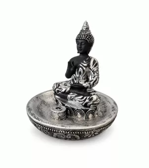Stojánek na vonné tyčinky Buddha Abhaya, stříbrný, z pryskyřice 10 cm