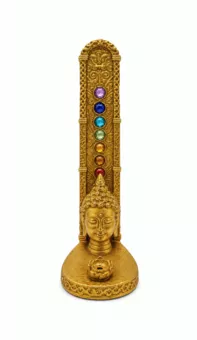 Držák na vonné tyčinky Hlava Buddhy 7 čaker, zlatý, z pryskyřice, 17 cm