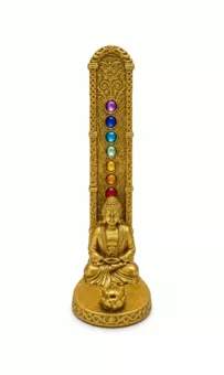 Zlatý kadidelnice Budha v meditaci se 7 čakrami z pryskyřice, 17 cm