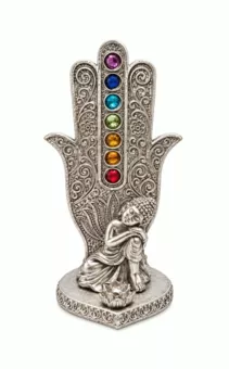 Stojánek na vonné tyčinky Ruka Fatimy Buddha 7 čaker, stříbrný, z pryskyřice, 16 cm