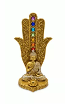 Zlatý držák na vonné tyčinky Fatimina ruka Buddha 7 čaker z pryskyřice 16 cm