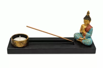 Držák na vonné tyčinky a svícen Budha Meditace Multicolor ze dřeva a pryskyřice 24 cm