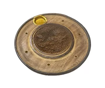 Dřevěný kulatý vykládaný stojánek na vonné tyčinky s drakem 10cm x10