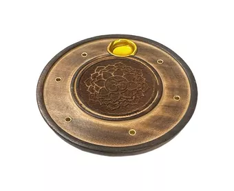 Dřevěný kulatý vyřezávaný držák na vonné tyčinky Om & Lotos 10cm x10