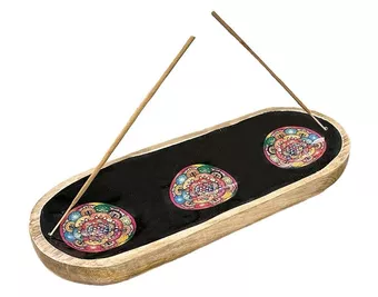 Stojánek na vonné tyčinky z mangového dřeva Meena Work černá mandala 28cm