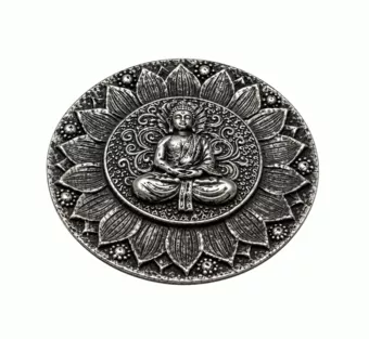 Kulatý stojánek na vonné tyčinky Buddha Lotus, stříbrný, pryskyřice, 10 cm