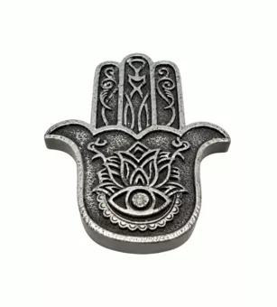 Stříbrný stojánek na vonné tyčinky ve tvaru ruky Fatimy (Hamsa) z pryskyřice, 11 cm