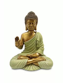 Zelená a zlatá soška Buddhy Abhaja z pryskyřice, 23 cm