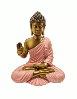 Soška Buddhy Abhaja, růžová a zlatá, z pryskyřice, 23 cm