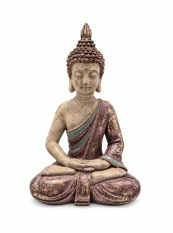 Socha Buddhy v Meditaci, Fialová a Zlatá, Pryskyřice, 31 cm