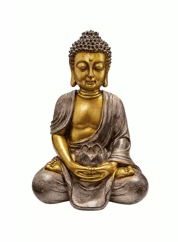 Soška Buddhy v meditaci s lotosem, zlatá a taupe, z pryskyřice, 30 cm