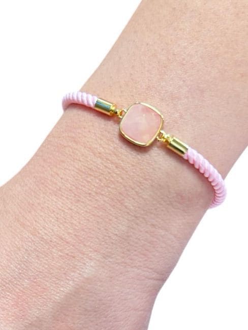Bracelet Corde Laiton Quartz Rose Carré Facetté 11mm chez Arabesk|cz